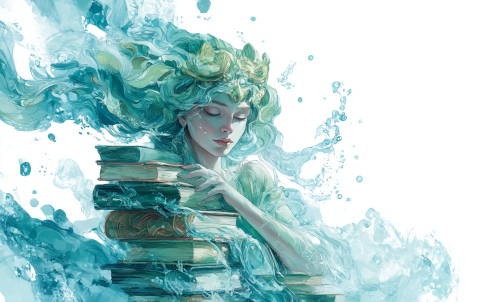 AI water girl holding books