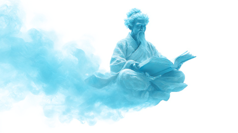 AI generated wise man flying with books