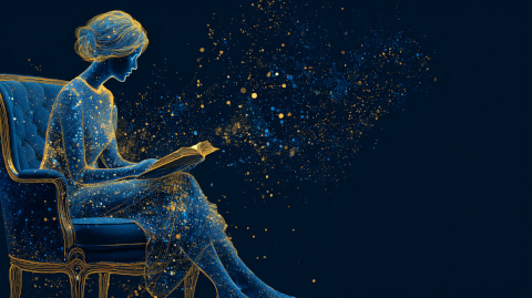 AI generated woman in starry night,  with book