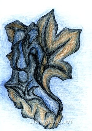 Kresba - ilustrace k básni Podzimní vzpomínka. Stylizovaný hnědý javorový list tvoří pozadí třem objímajícím se postavám v modré barvě.