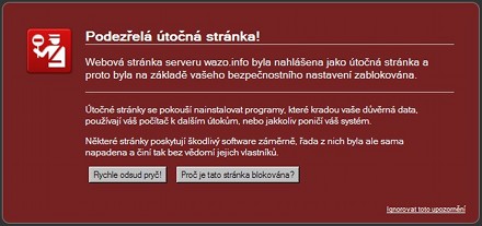 Blokovací zpráva Firefoxu - podezřelá útočná stránka