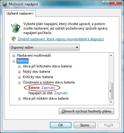 Windows Vista - možnosti napájení