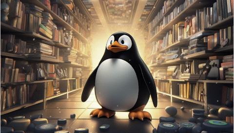 linux tux looking for DVD in gigantic library